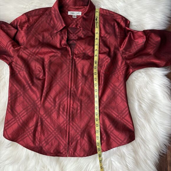 Coldwater Creek Red Zip Front Blouse PXL Plaid Collar Holiday Christmas Shiny - Picture 5 of 11